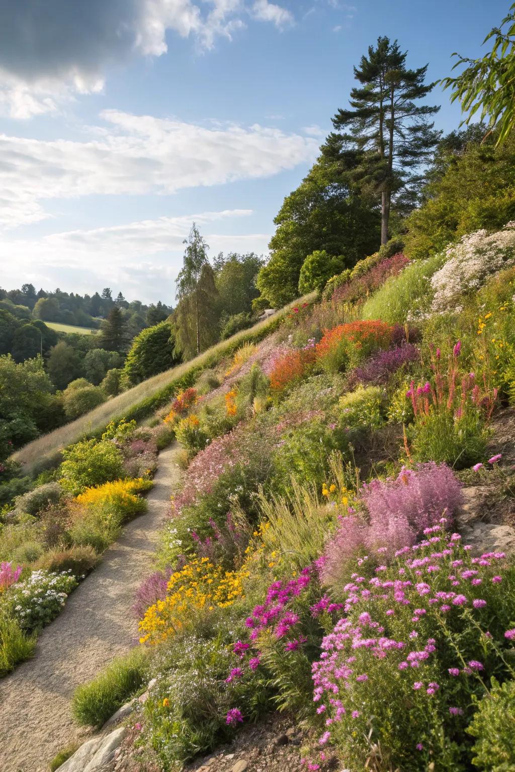 Native plants effectively stabilize slopes and prevent erosion.