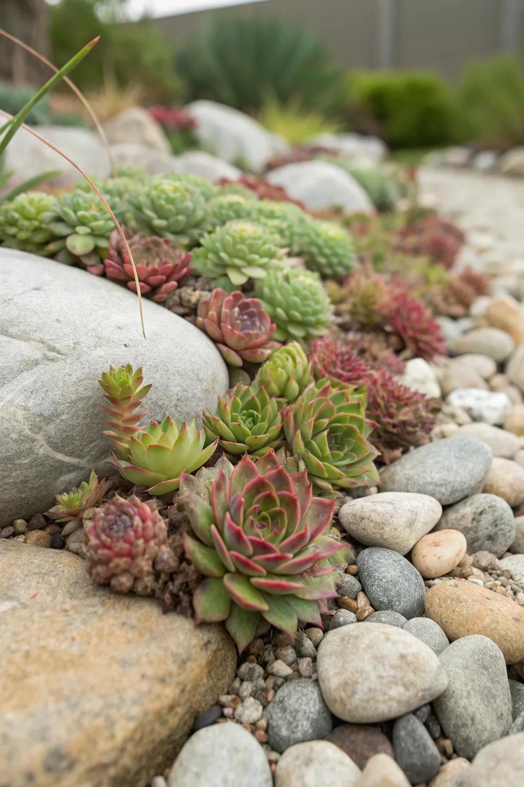 Quirky hens and chicks bringing charm and resilience to a garden setting.