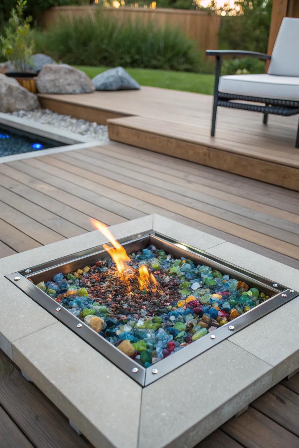Fire glass adds a modern twist to the fire pit.