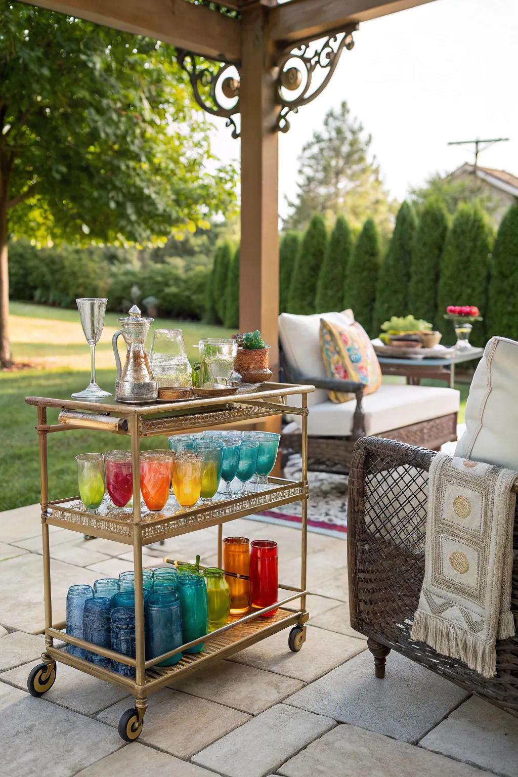 A vintage bar cart adds a playful touch to patio gatherings.