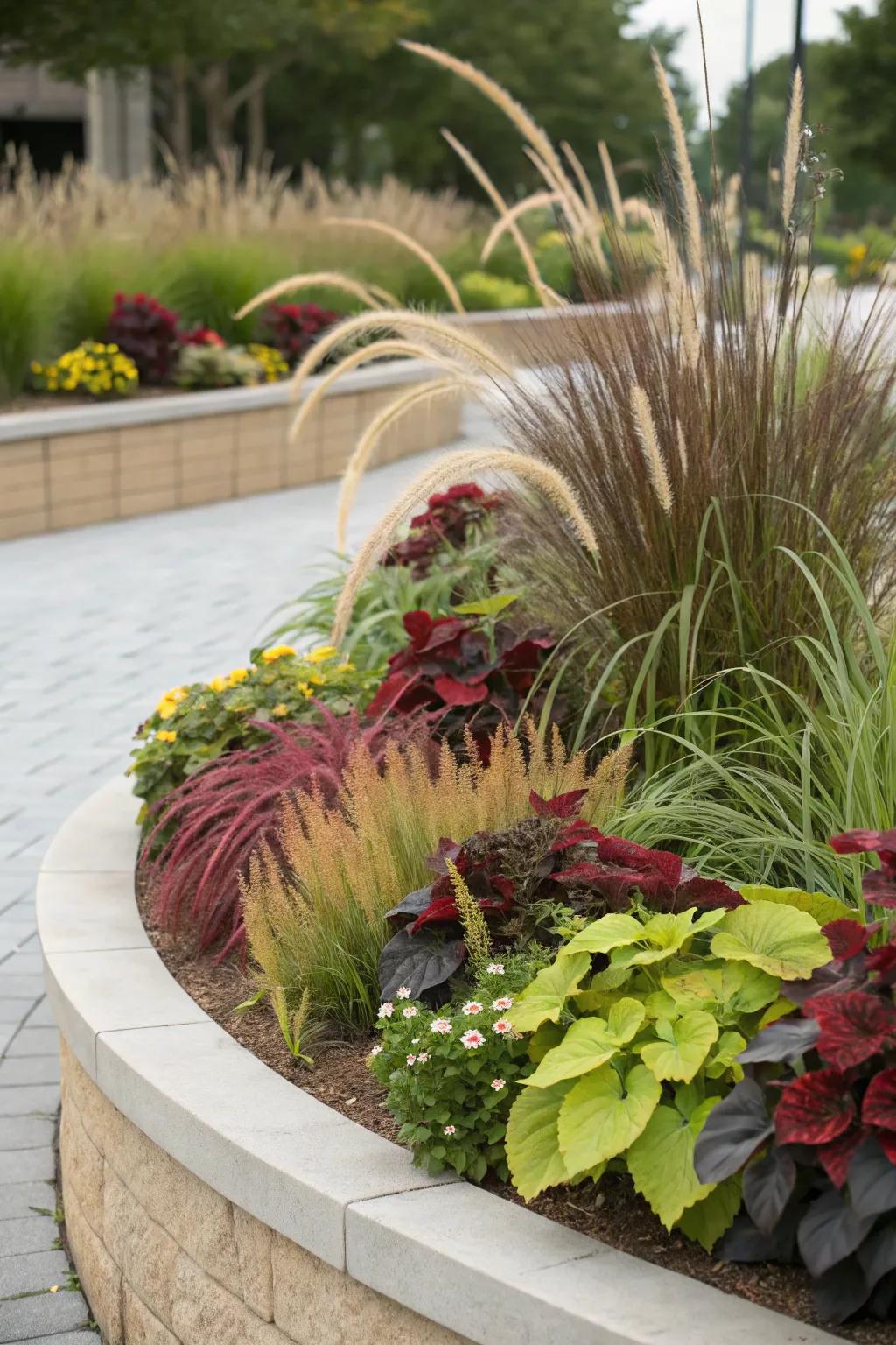 A mix of textures adds depth to this half-circle flower bed.