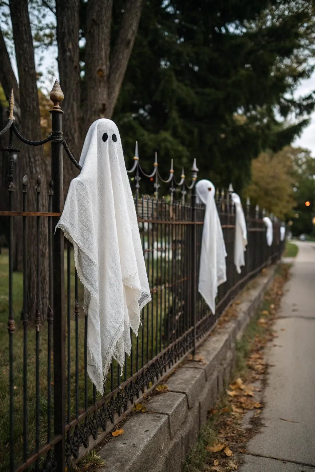 Cheesecloth ghosts sway hauntingly in the autumn wind.