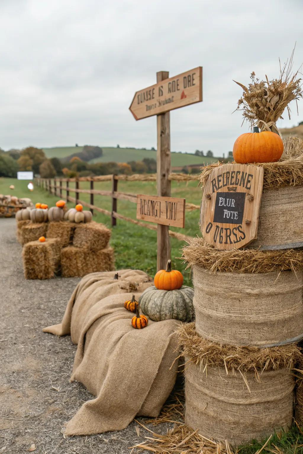 Achieve a farmhouse chic look with rustic hay bale decorations.