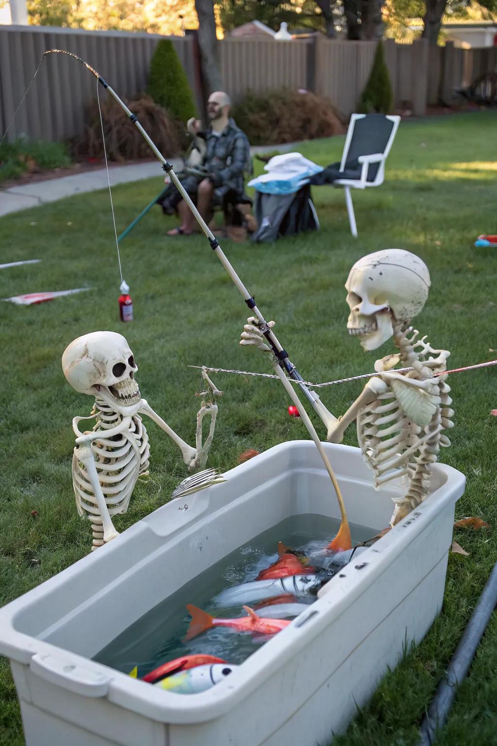 A fishing scene with skeletons adds a splash of humor to your Halloween decor.