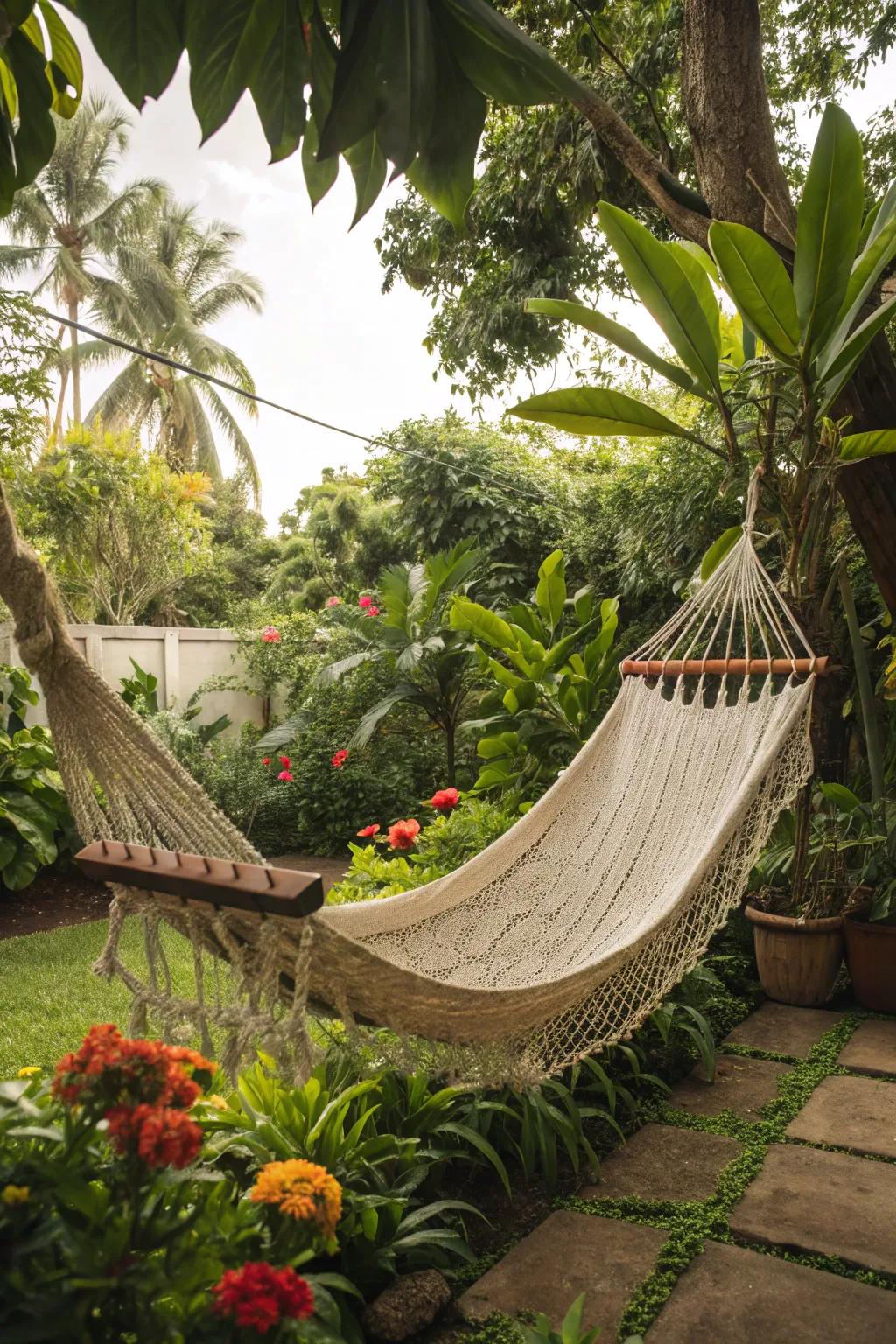 Create a beach-inspired retreat with tropical plants and a rope hammock.