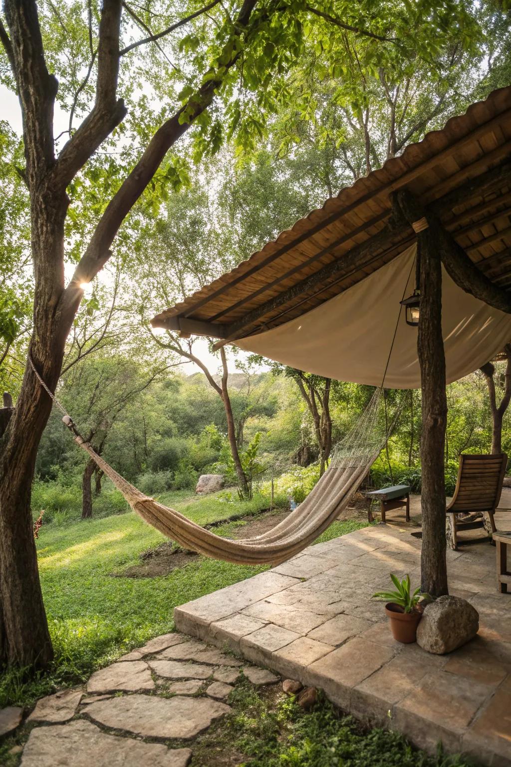 A rustic tarp brings simple and effective shade to your space.