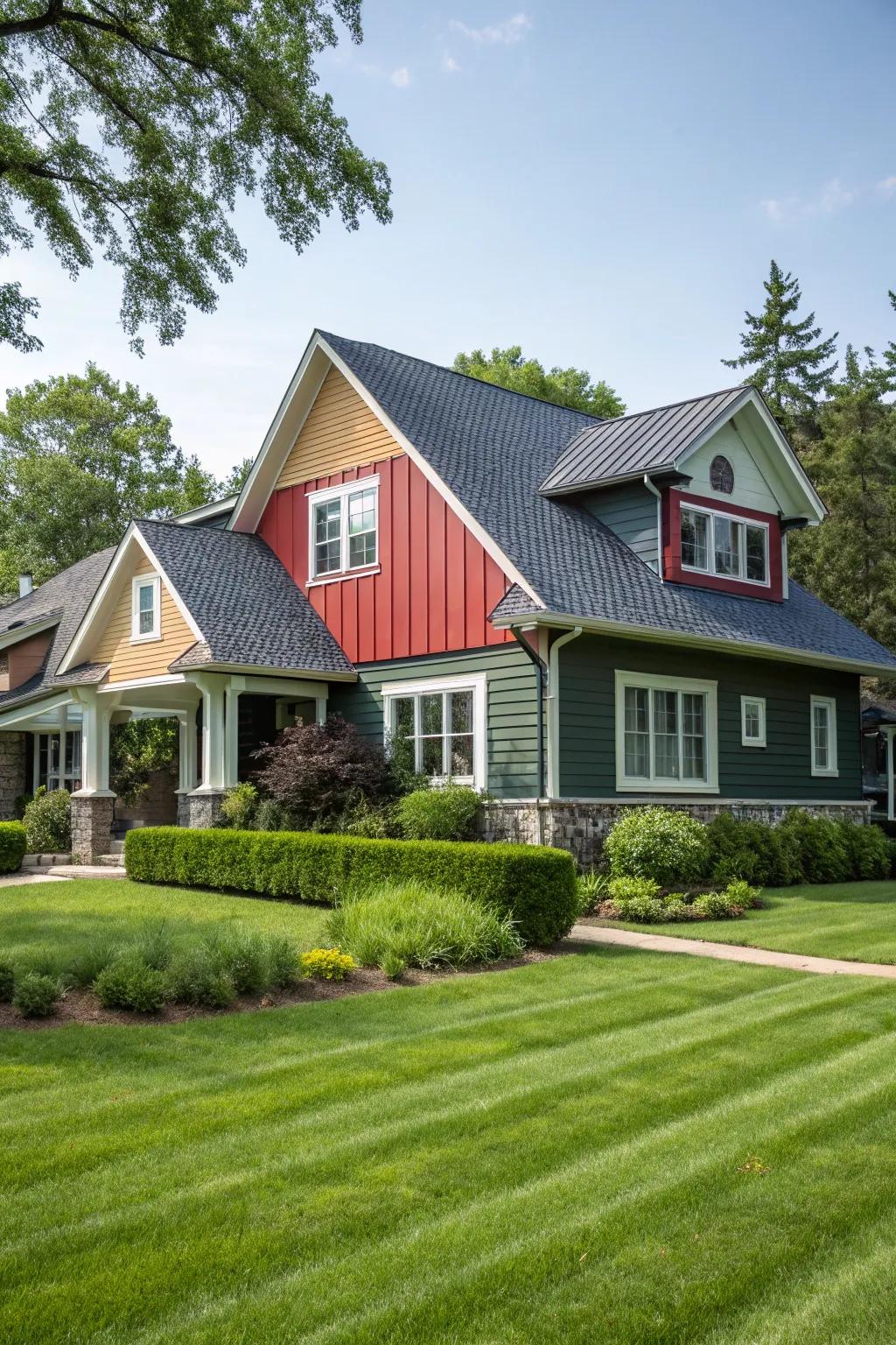 Contrasting roof colors enhance the architectural silhouette.