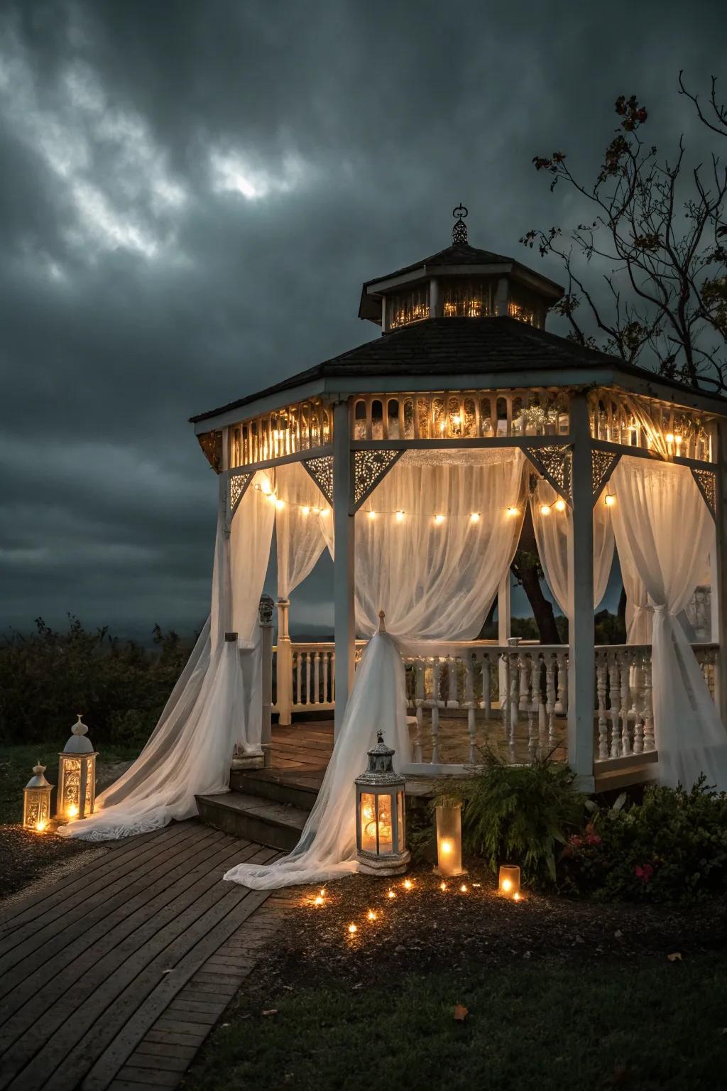 A ghostly gazebo invites guests for spooky tales and chilling gatherings.
