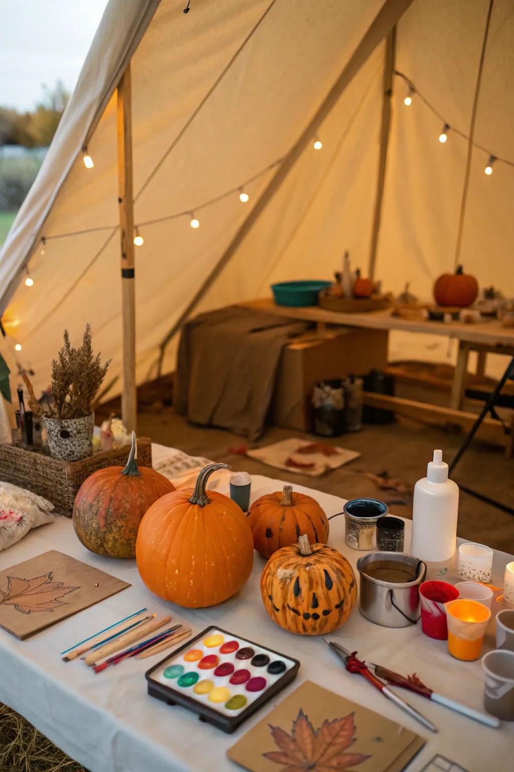 A pumpkin decorating station offers creative fun for everyone.