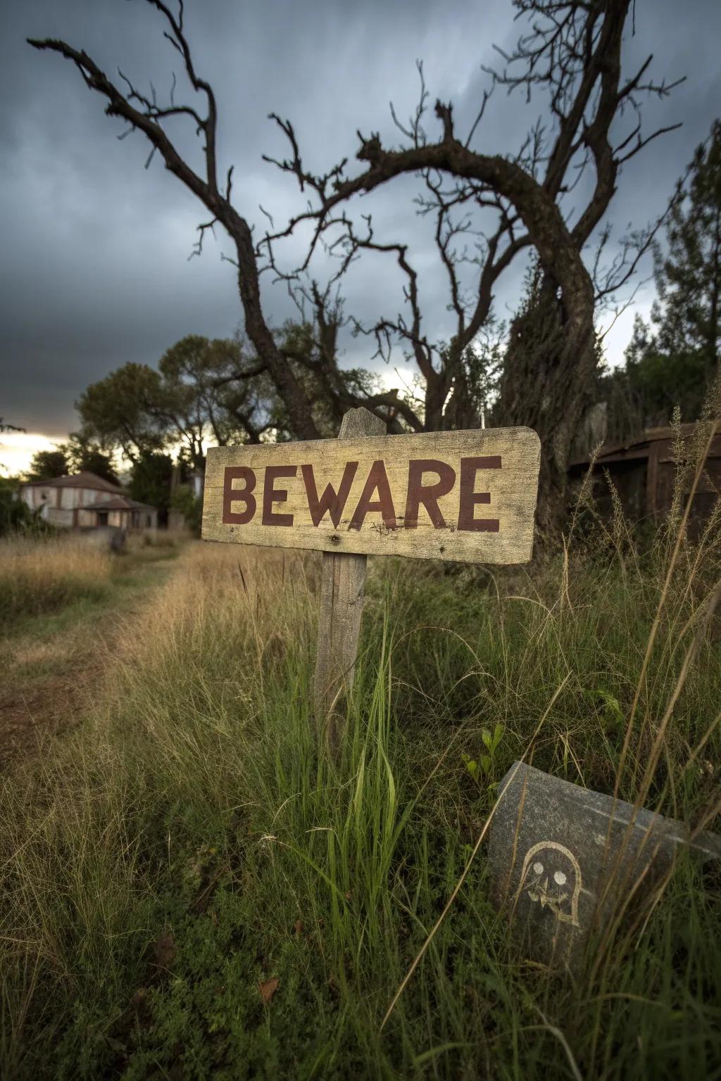 A DIY BEWARE sign adds a personal touch to your spooky setup.