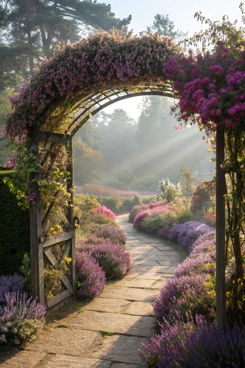 An enchanting heather-covered garden archway.