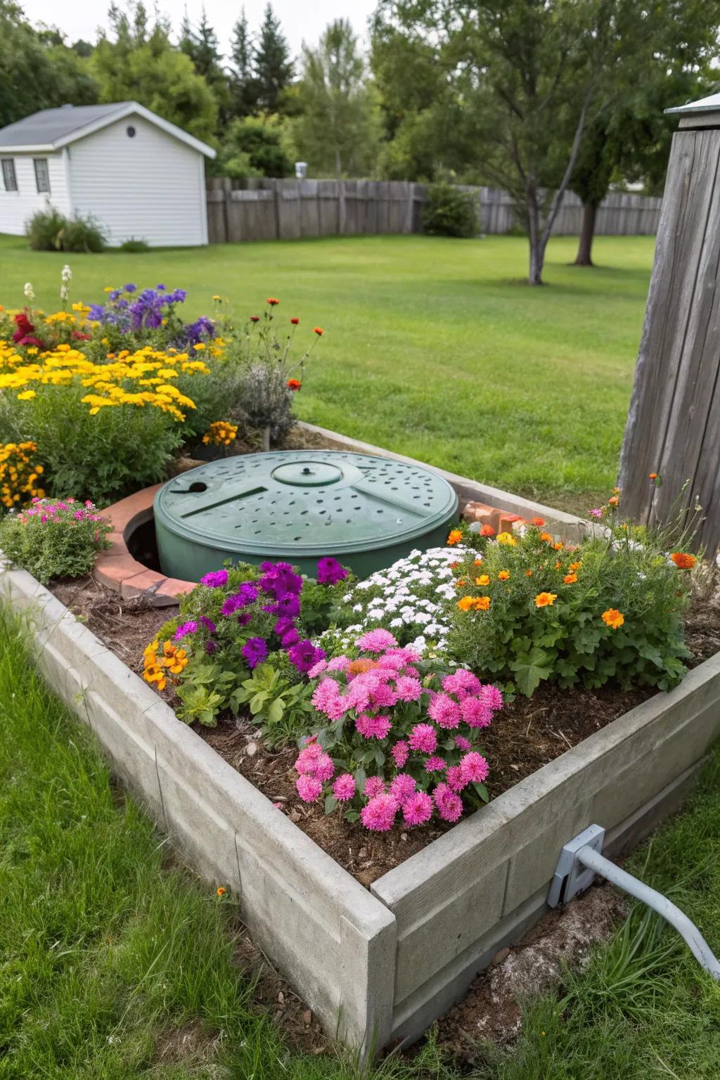 A raised bed filled with colorful flowers adds both beauty and functionality to conceal a septic tank.