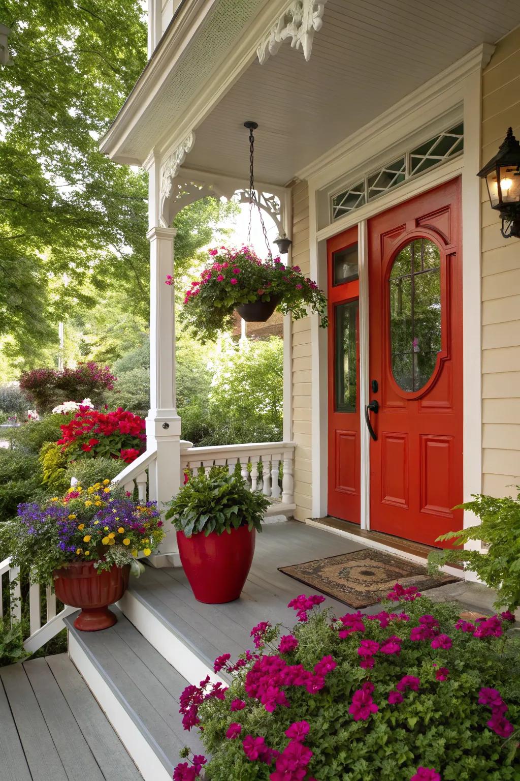 A high porch with a bold color scheme, creating a striking entrance.