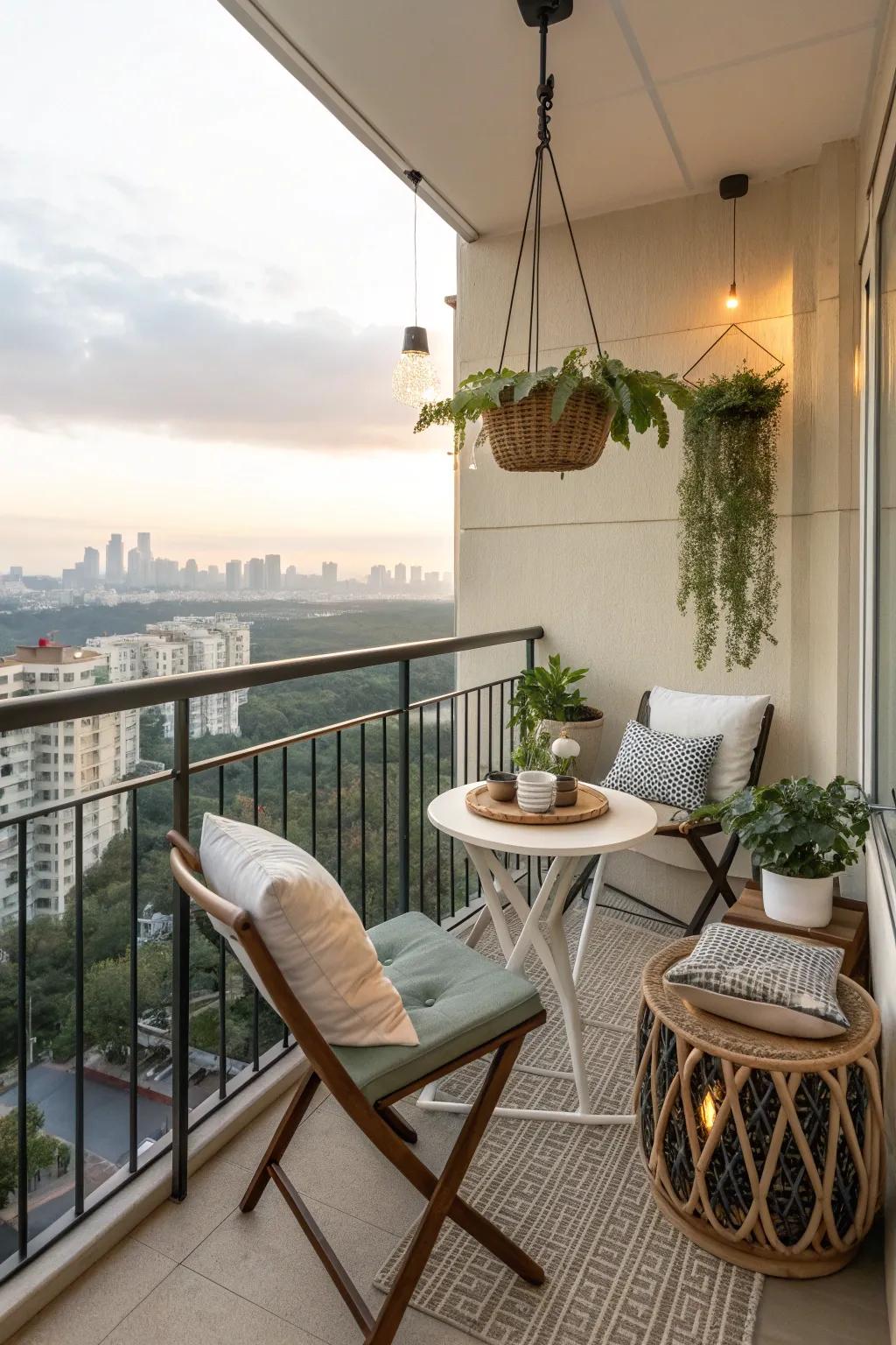 Lightweight furniture adds flexibility to this high-rise balcony setup.