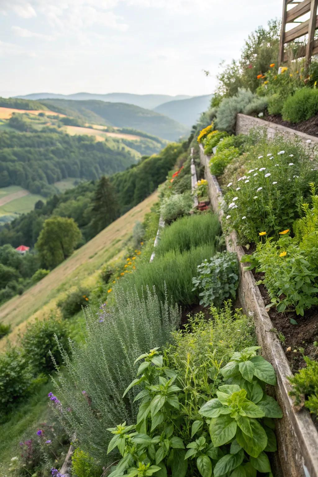 A vertical herb garden adds greenery and utility.