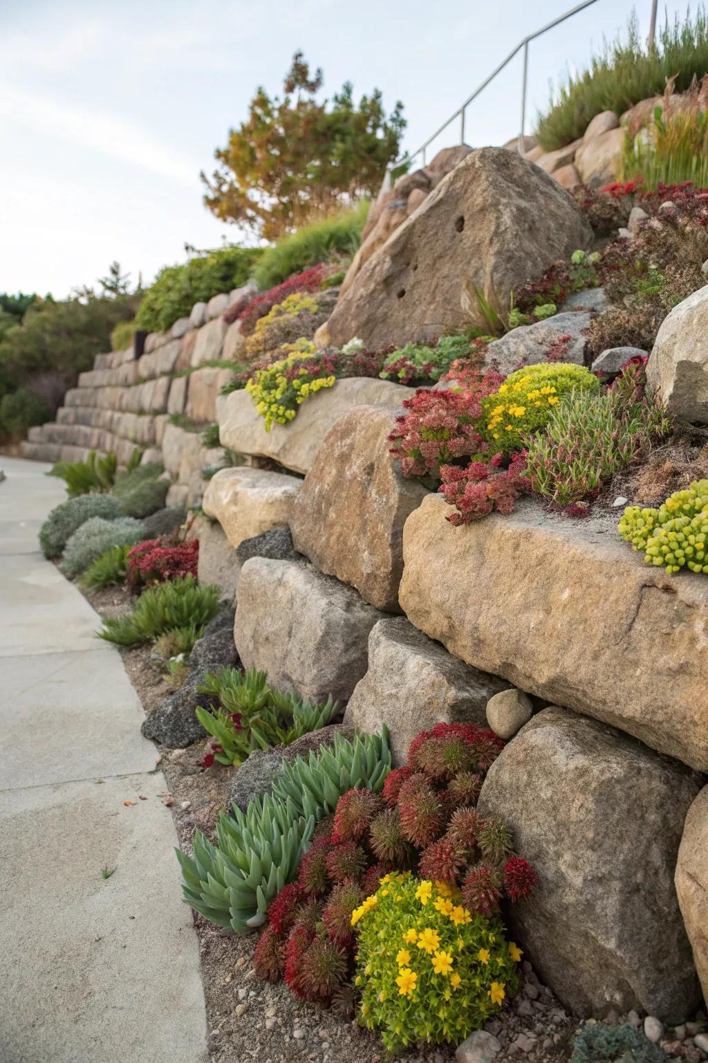 Colorful planting pockets bring vibrant life to this boulder wall.