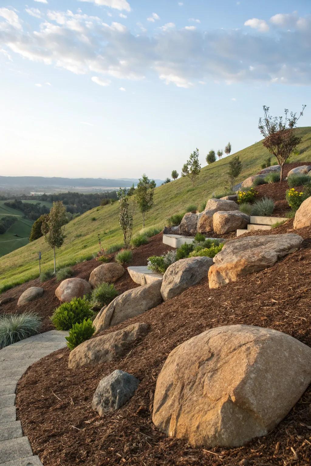 Boulders add dramatic impact and stability to a hillside.