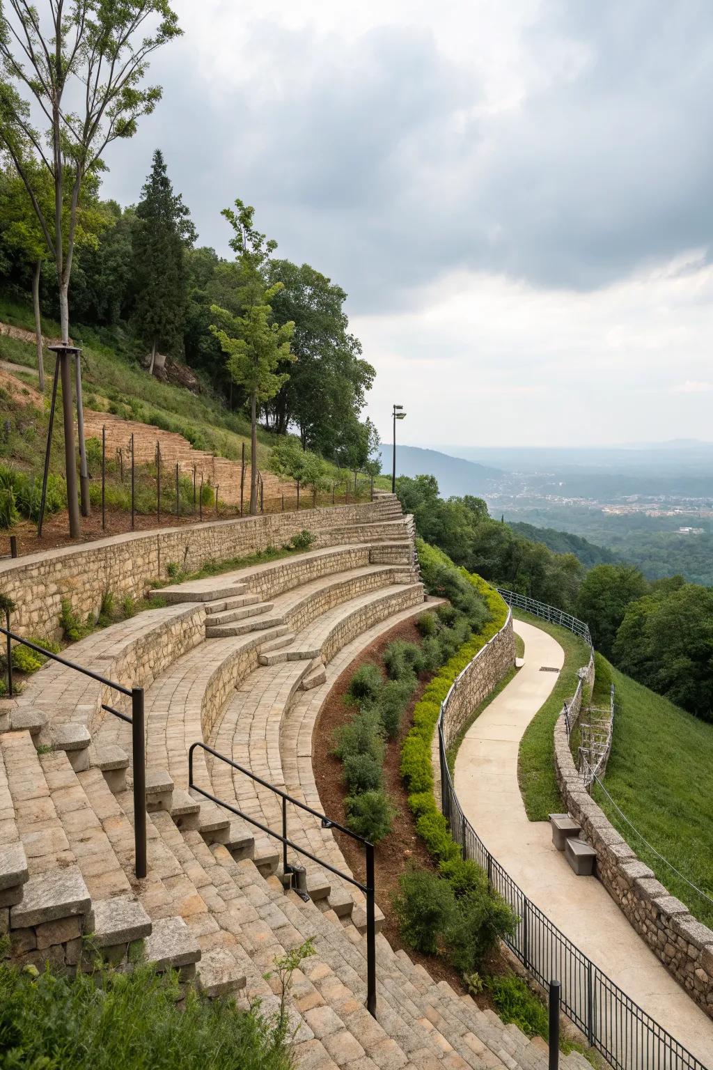 Terraced seating areas offer a perfect spot to relax and enjoy the view.