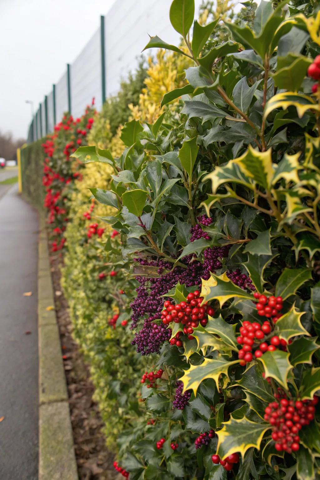 A colorful and dynamic holly hedge.
