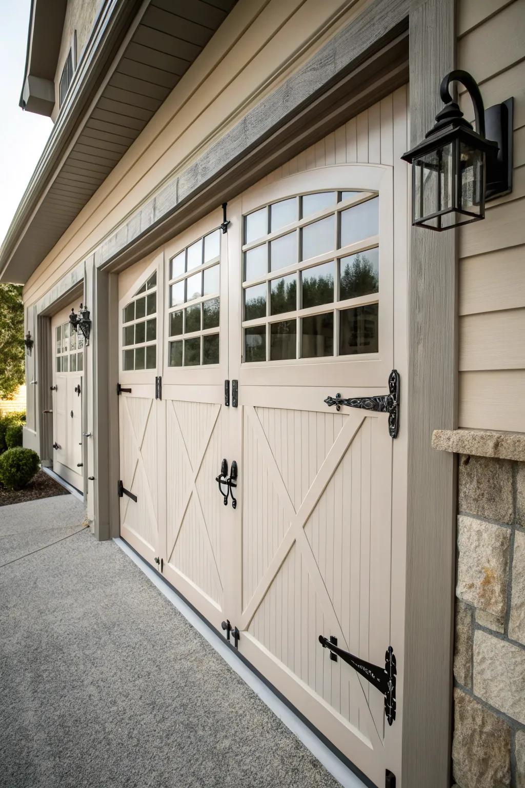 A garage door enhanced with stylish hardware for an upscale look.