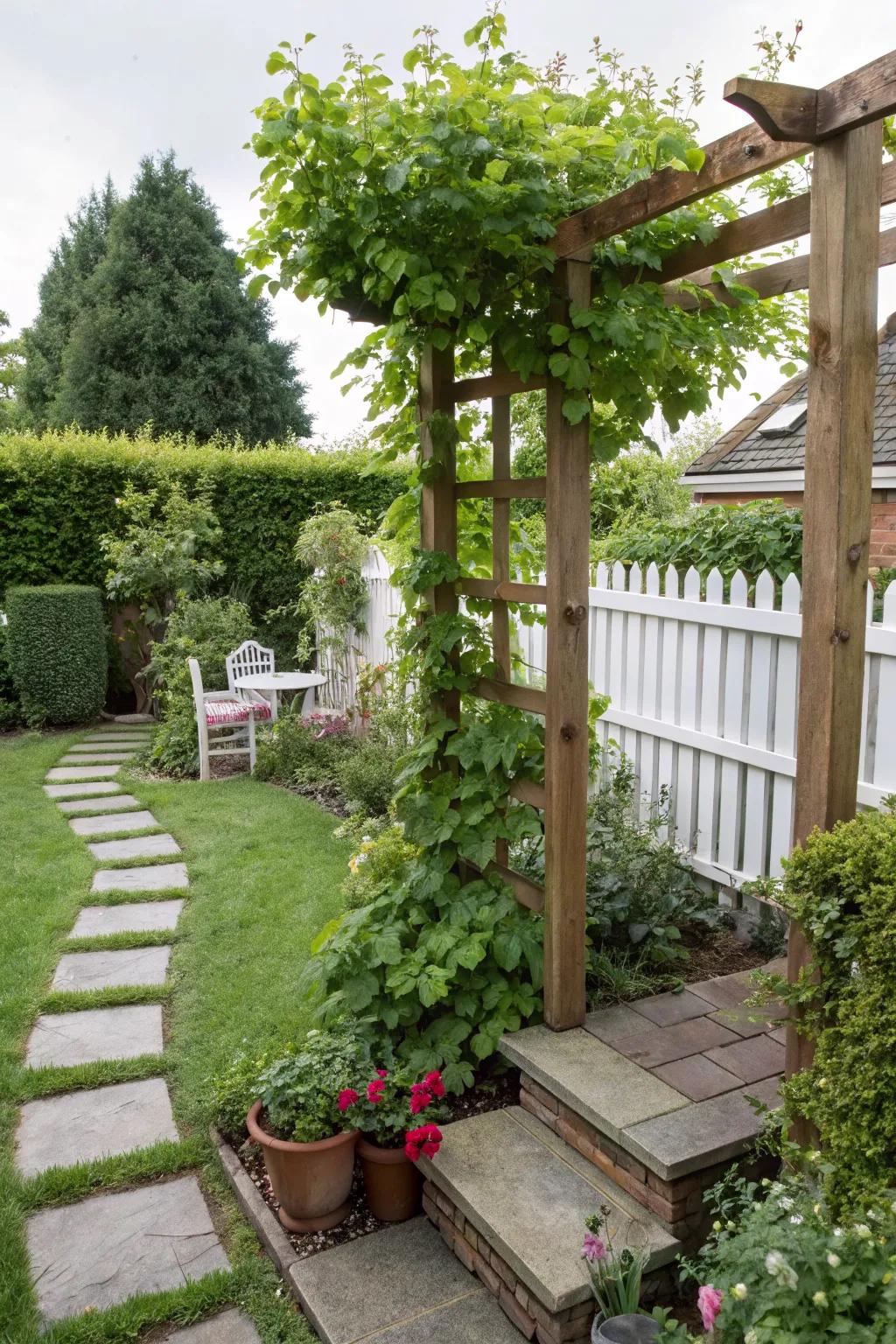 Trellises help plants reach new heights in small spaces.