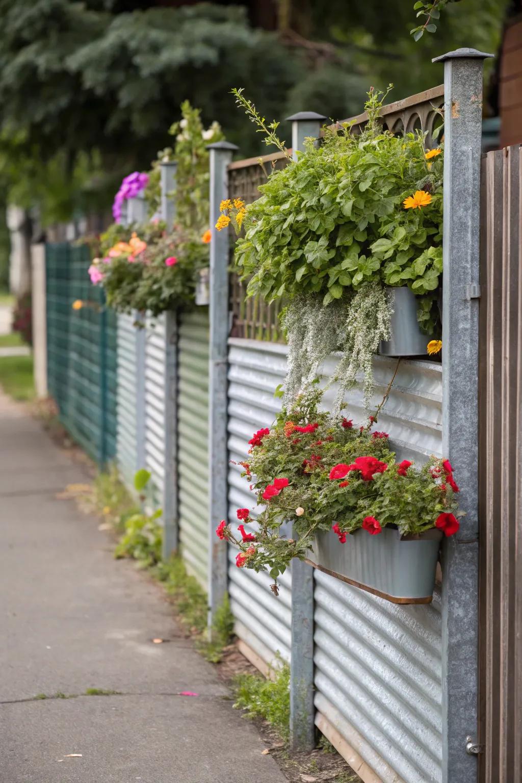 Planters on a horizontal corrugated metal fence create a lush vertical garden.