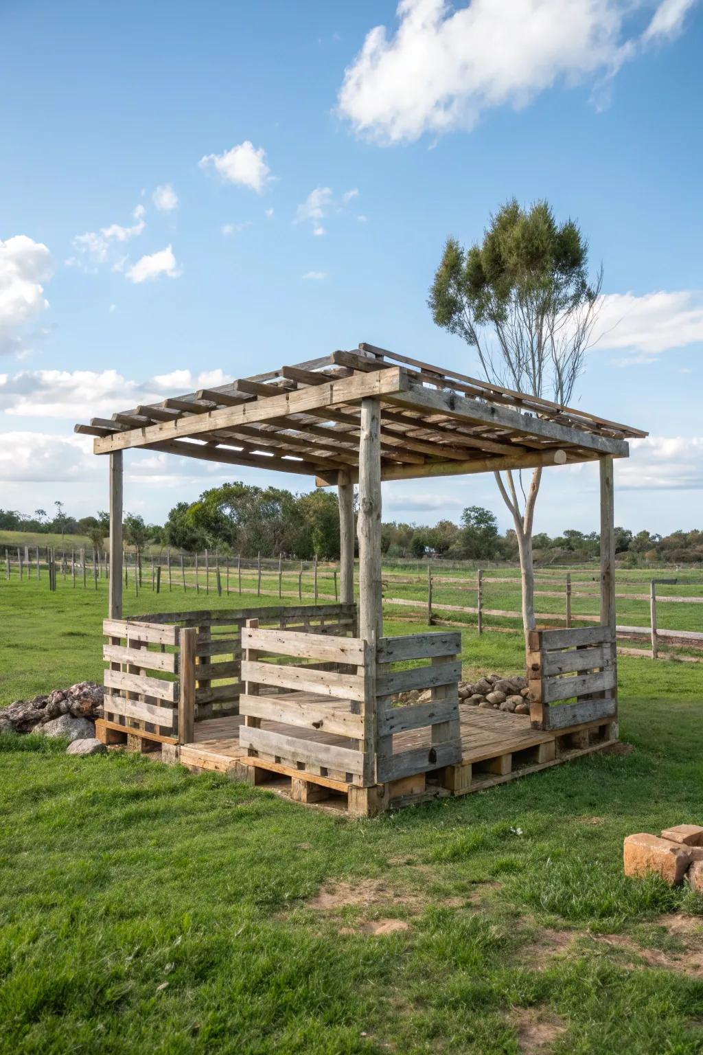 Rustic DIY pallet project providing creative shade.