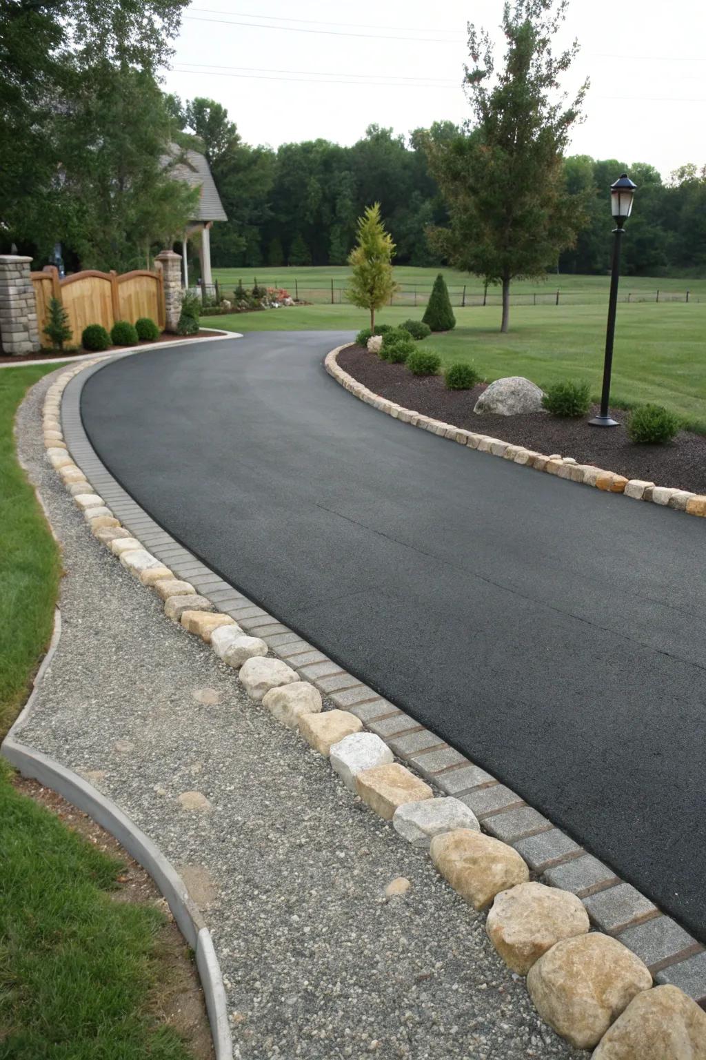 Stylish asphalt horseshoe driveway with stone edging.