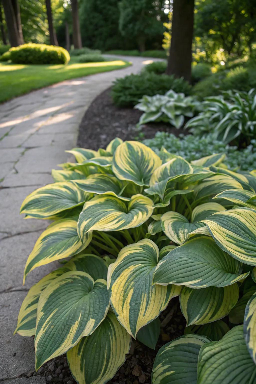 Variegated hostas bringing color and pattern to the garden.