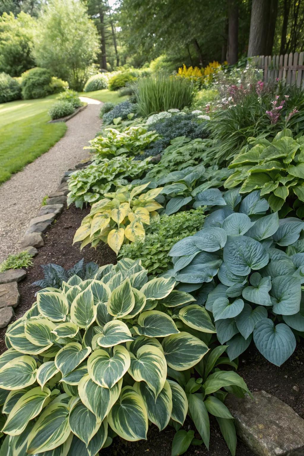 A colorful mosaic of hostas creates a captivating garden display.
