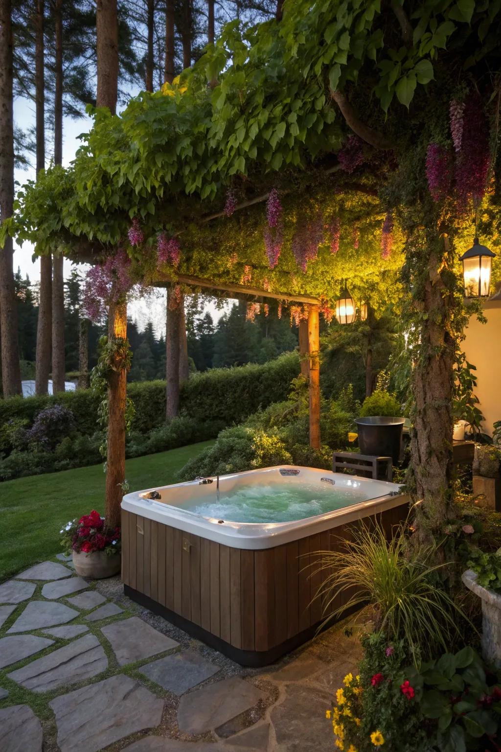 Immerse in nature with a canopy of hanging plants over your hot tub.