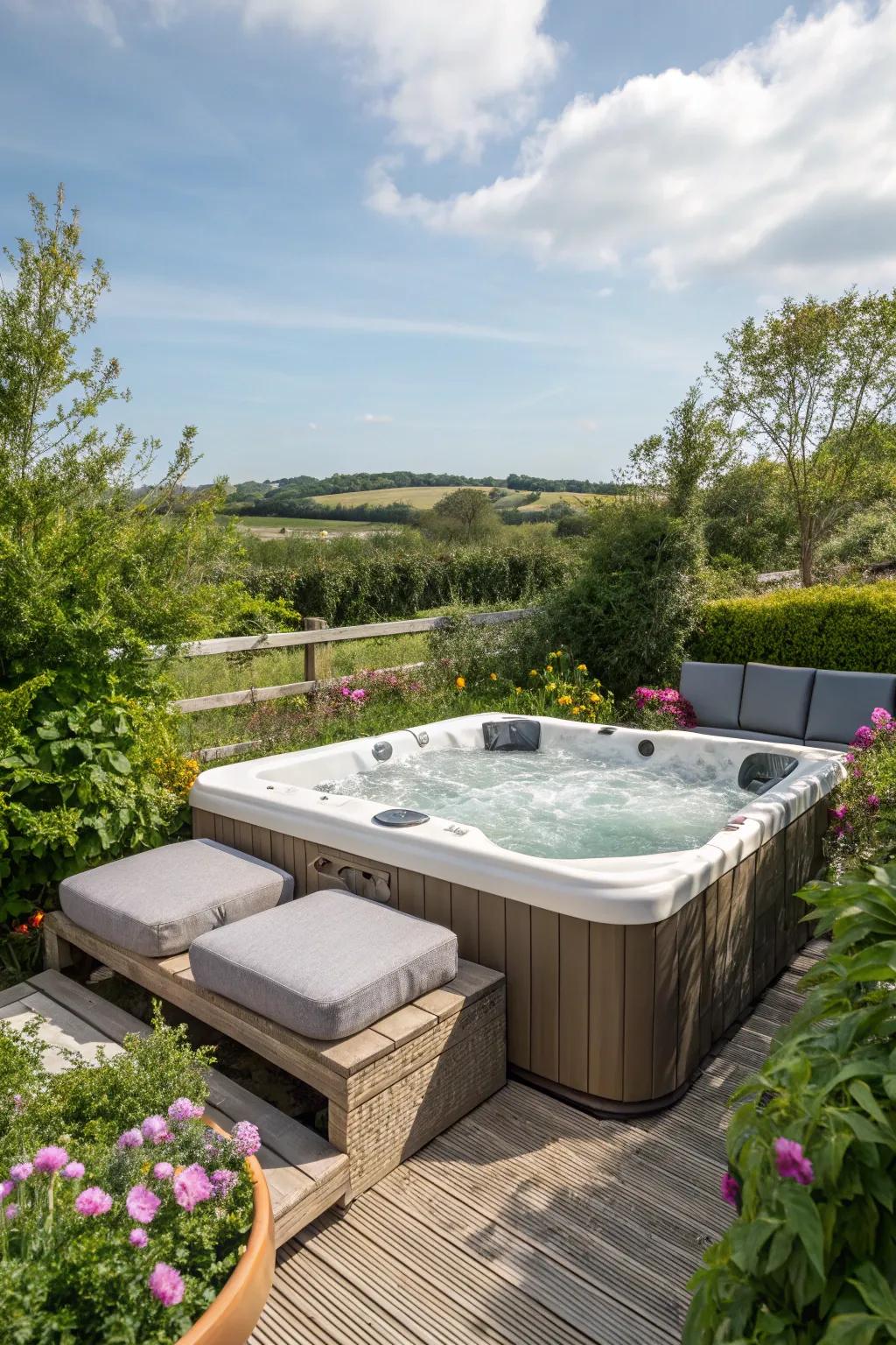 Built-in seating offers comfort and convenience around your hot tub.