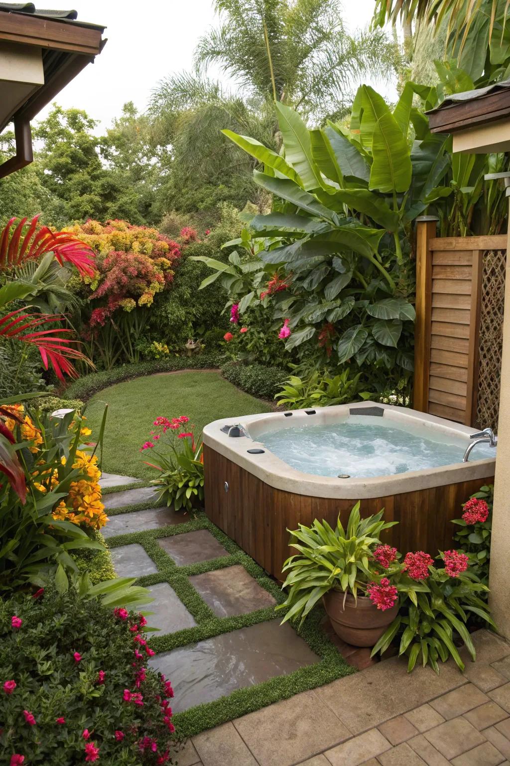 Tropical plants create an exotic escape around the hot tub.