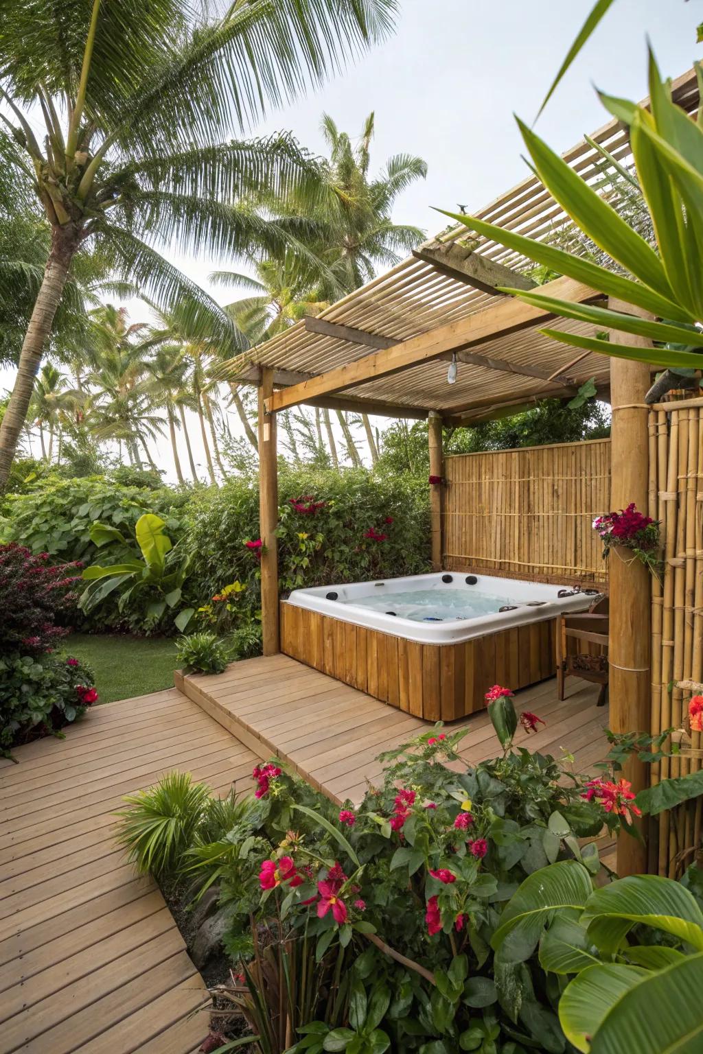 Create a tropical paradise with lush plants and bamboo.