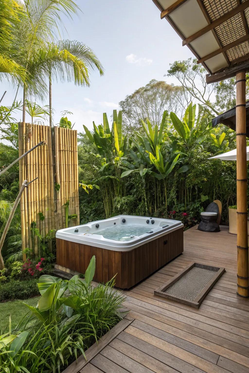 Create a tropical oasis with lush greenery and bamboo accents.