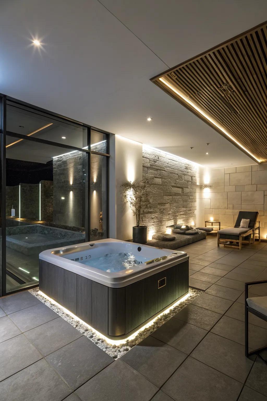 A contemporary design offers a chic and elegant hot tub experience.