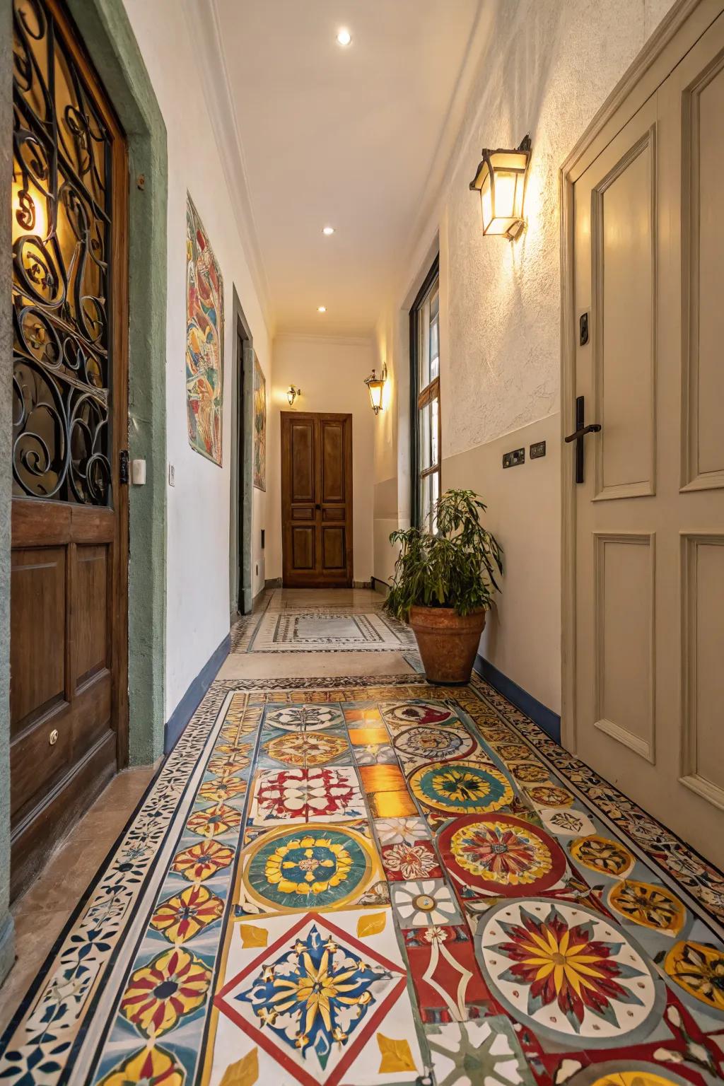 Colorful floor tiles add personality and flair to the entryway.
