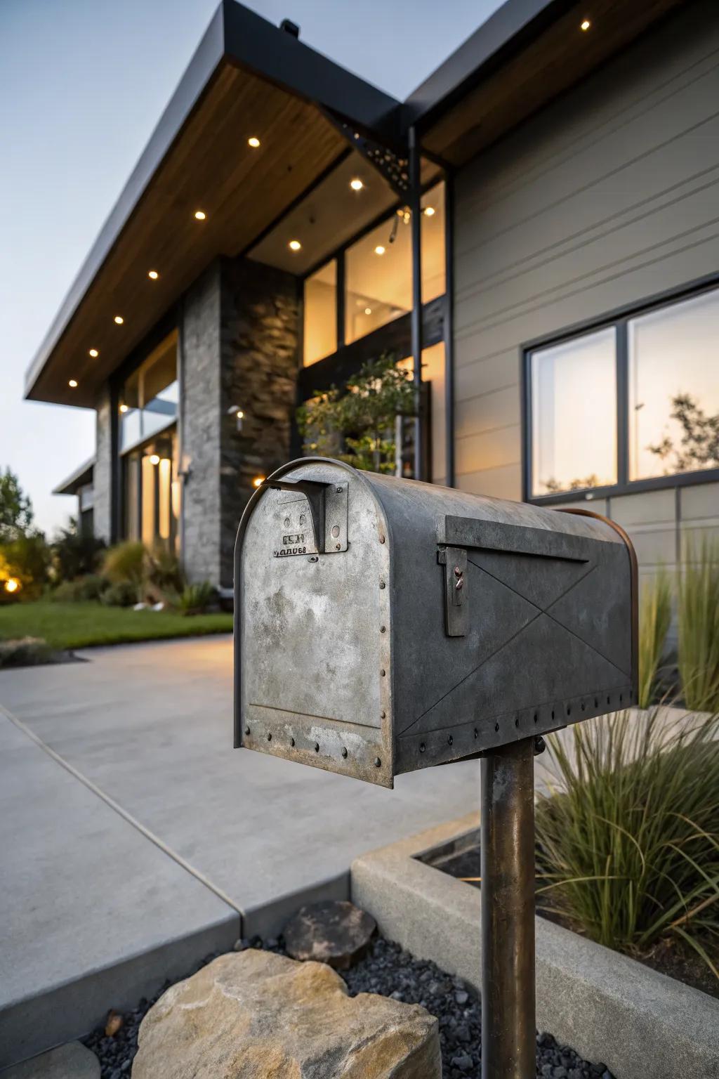 An industrial metal mailbox that offers a modern edge