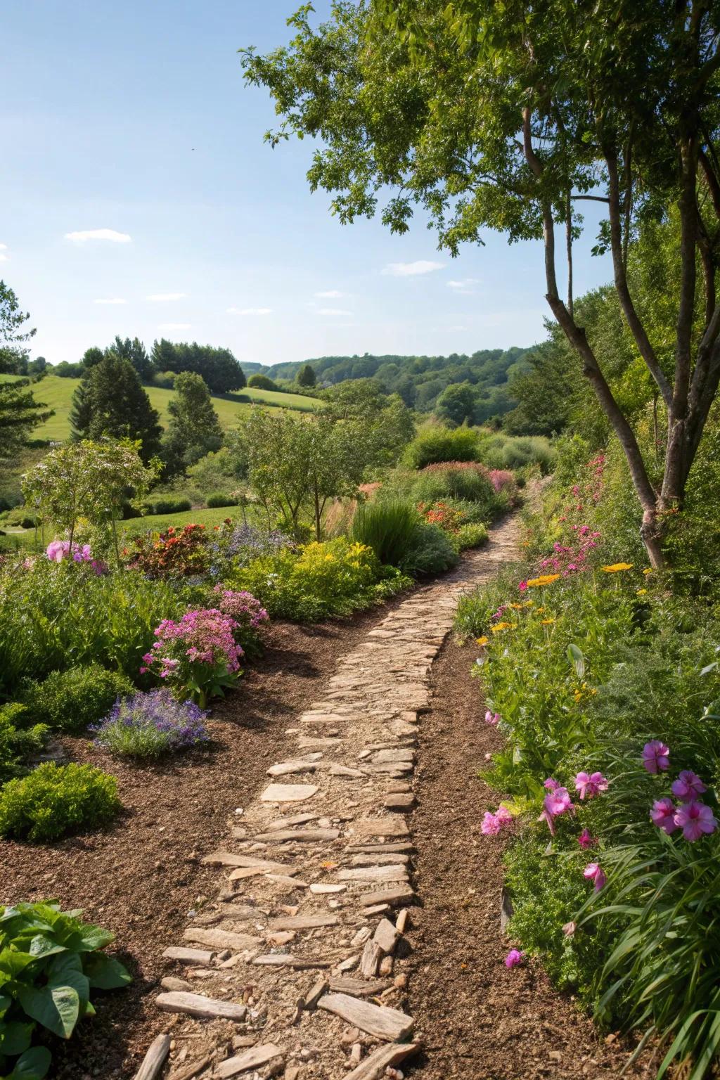 A bark mulch pathway blends seamlessly into a natural garden setting.