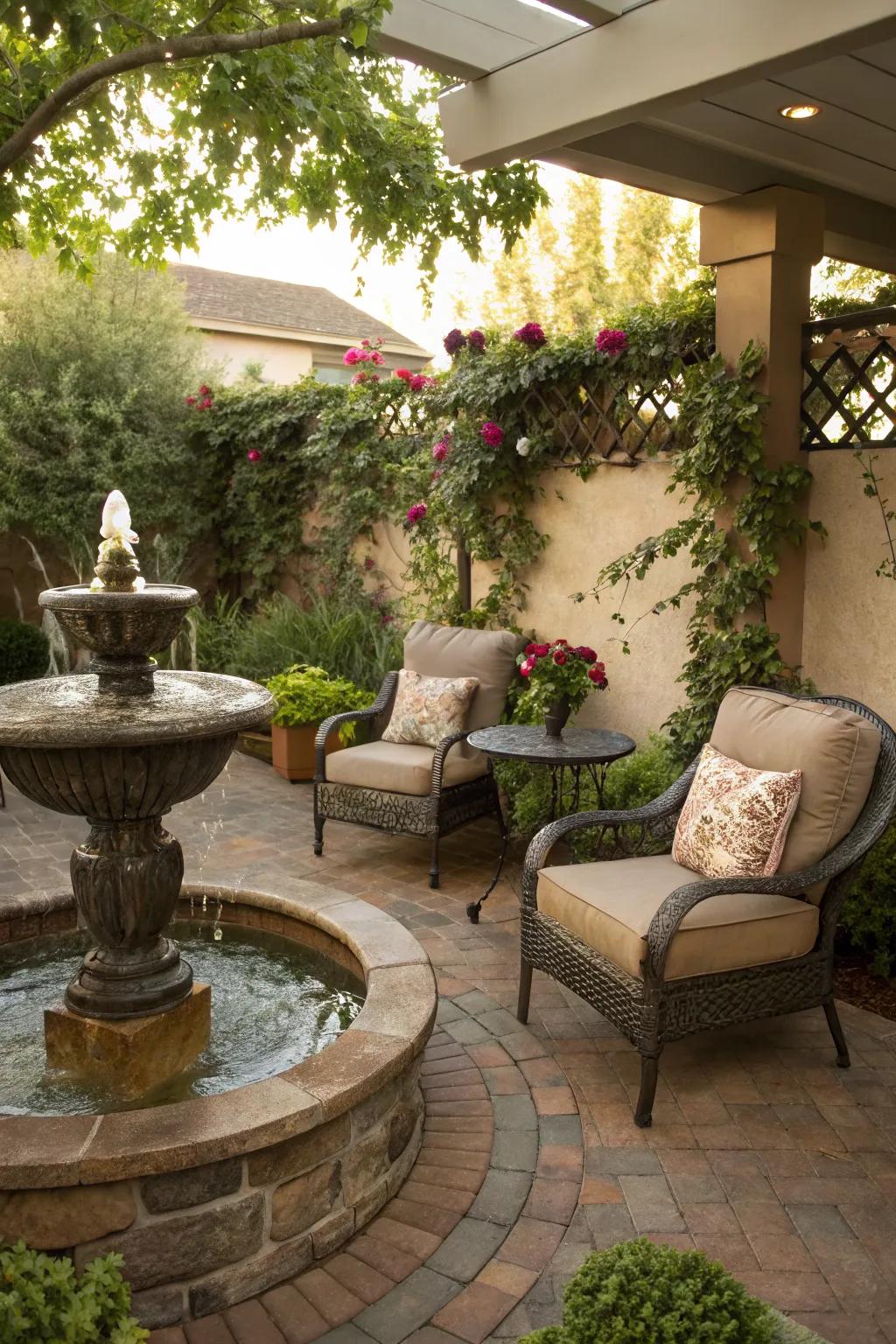 A water feature adds a calming soundscape to the patio.