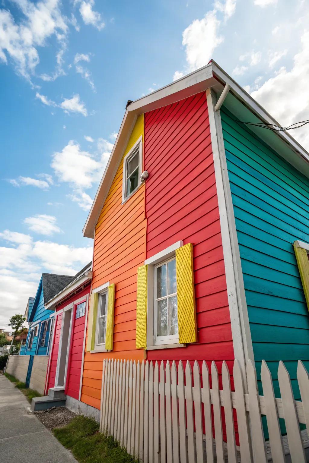 A home with wood siding painted in a bold, eye-catching color.