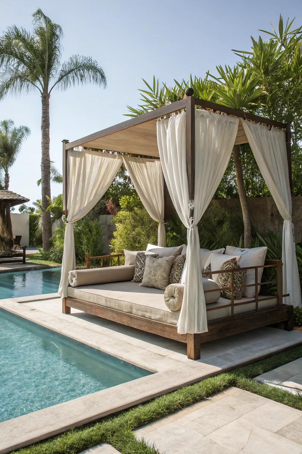 A luxurious outdoor daybed with a canopy providing restful shade by the pool.