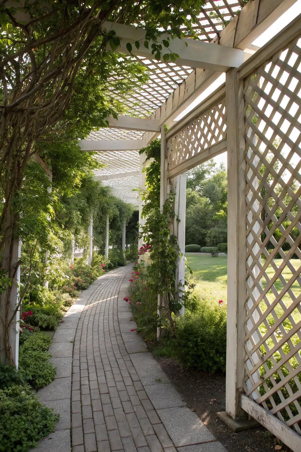 Lattice panels provide privacy and support for plants.