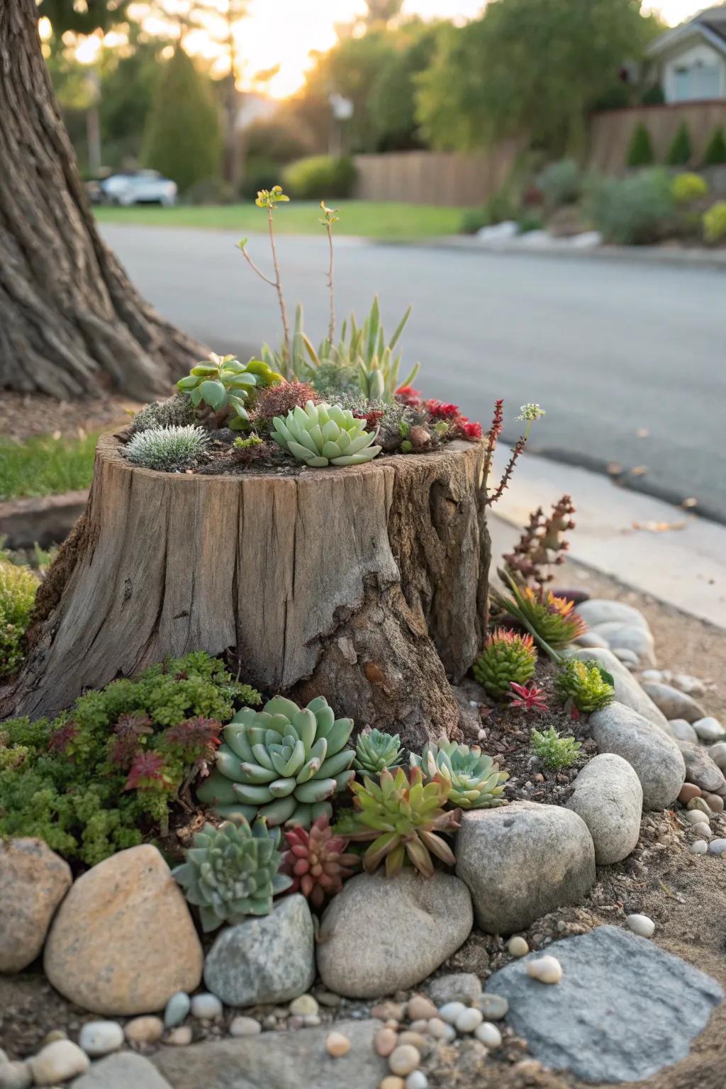 Add texture to your garden with a succulent stump.