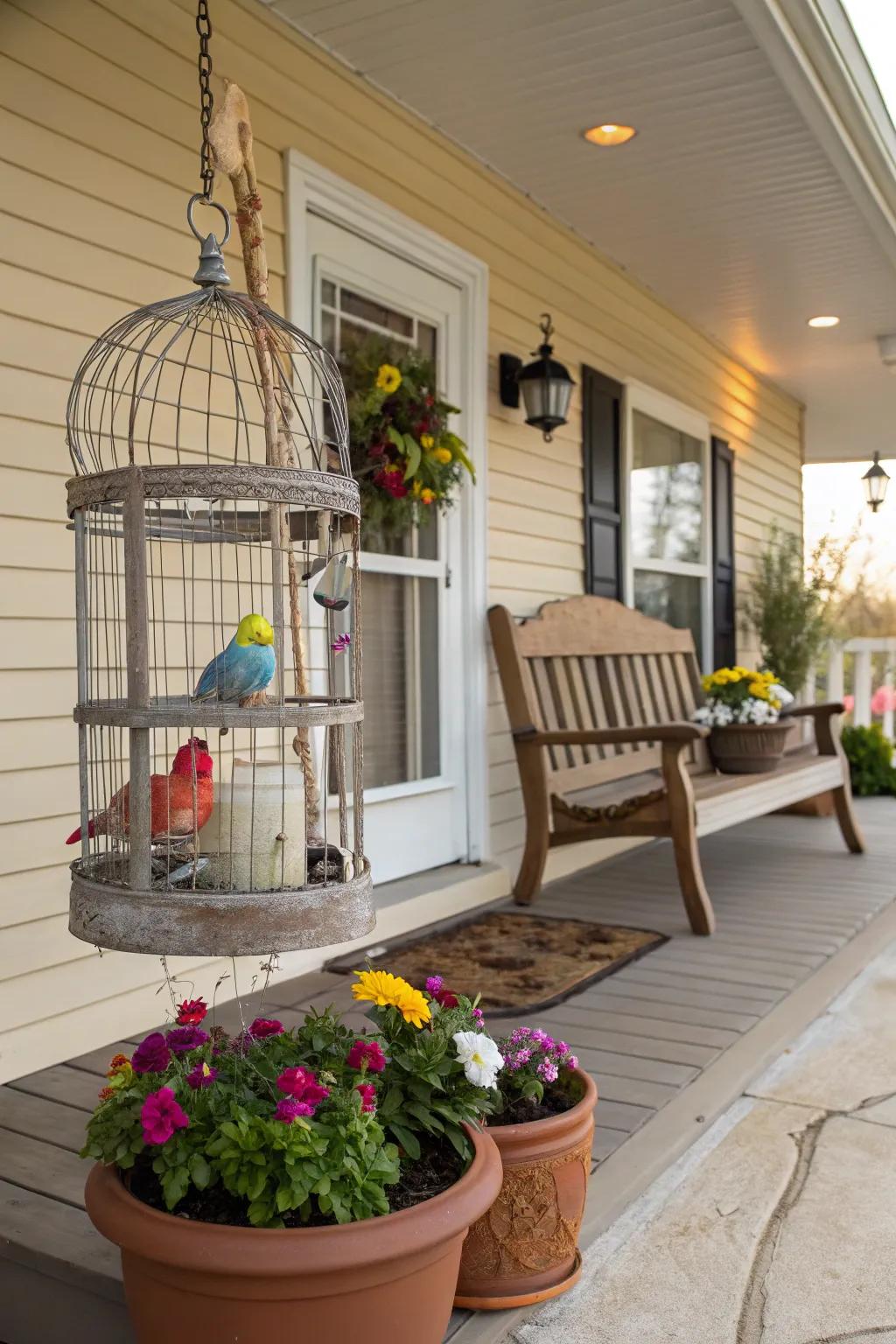 A whimsical touch with a vintage birdcage on the porch.