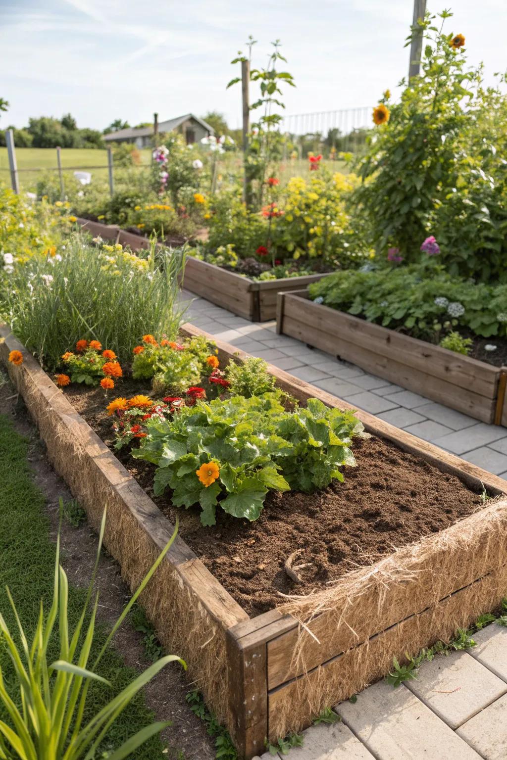 Coconut coir enhancing moisture retention in the garden bed.