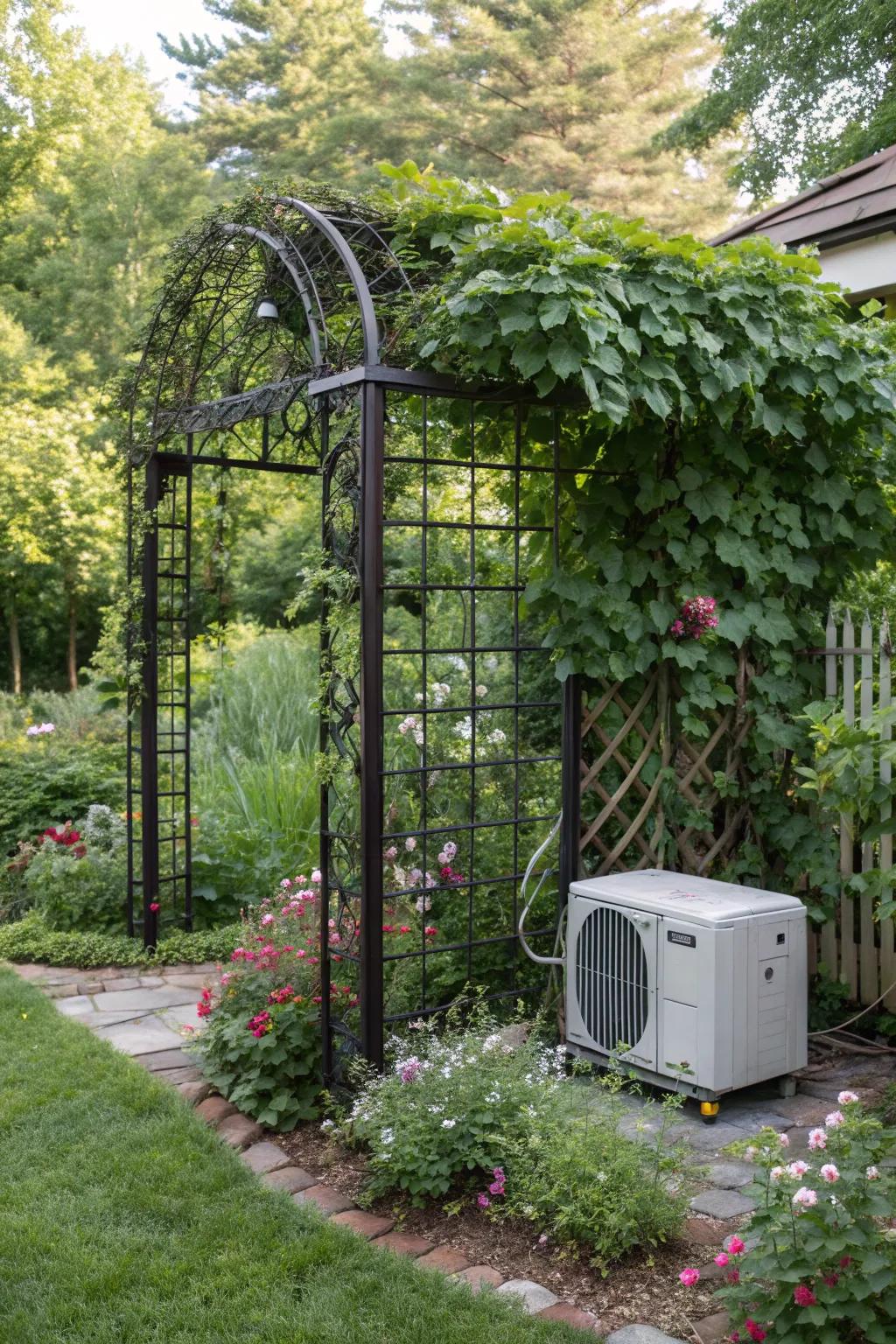 Iron trellises with vines create a natural and elegant cover for AC units.