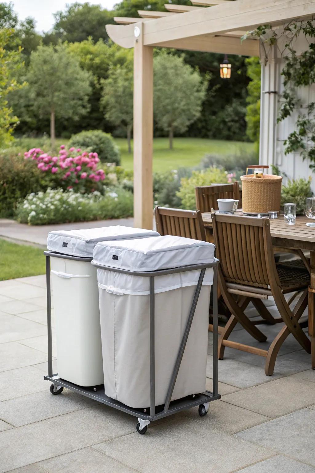 Rolling carts offer mobility and style for trash can concealment.