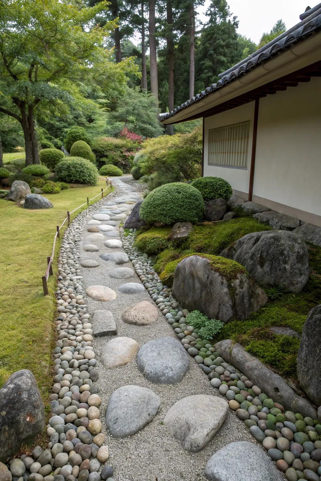 Neatly arranged stones form a clean border in the garden.