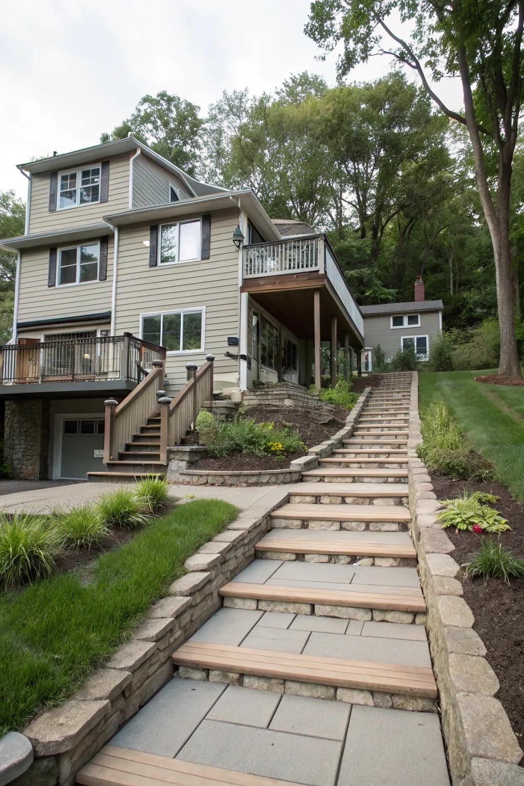 A layered walkway complements the home's architectural style.